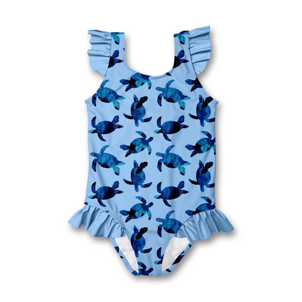 Girls Swim Light Blue Tommy Turtle Ruffle-Accent One-Piece