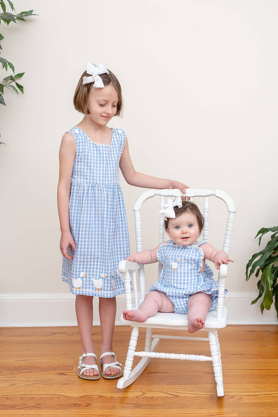 Blue Gingham Goose Lace Bow Ruffle Romper