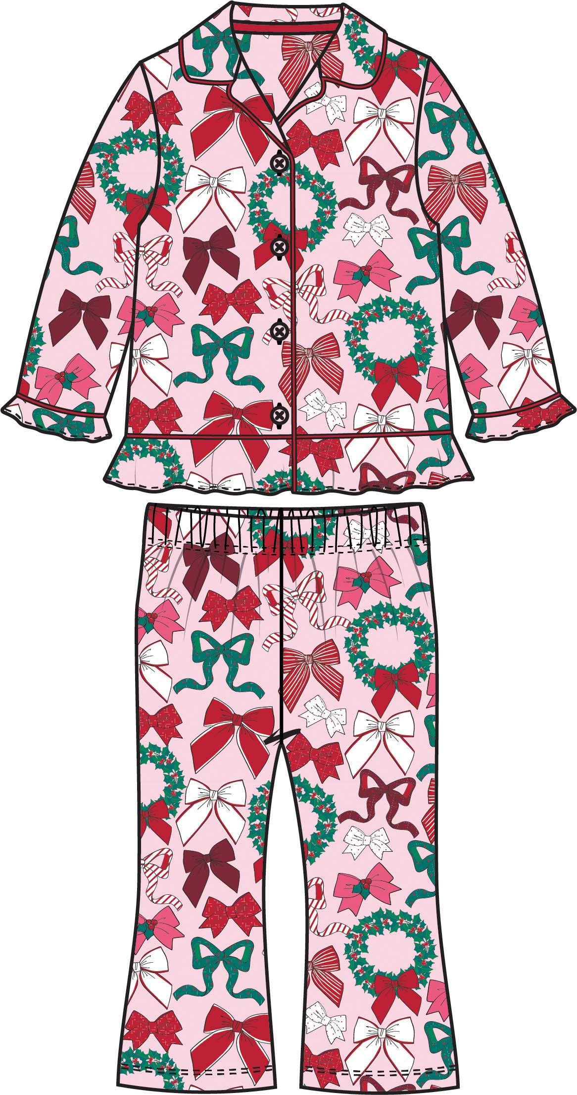 Girls Holly Bows Ruffle Flare Pajama Set