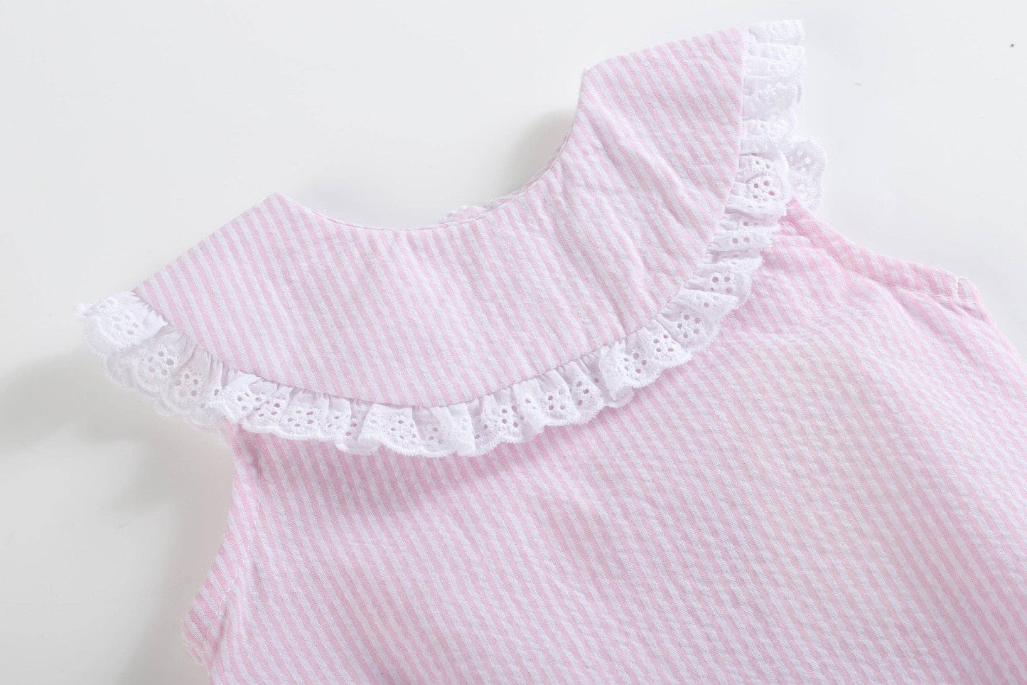 Classic Light Pink Seersucker Collared Baby Bubble Romper