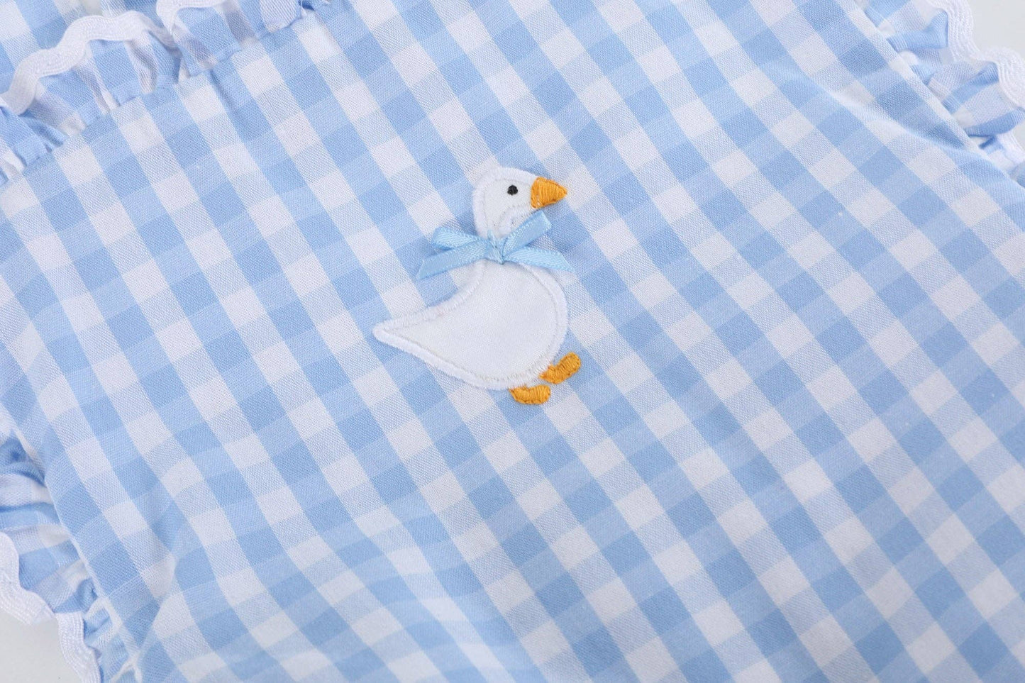 Blue Gingham Goose Lace Bow Ruffle Romper