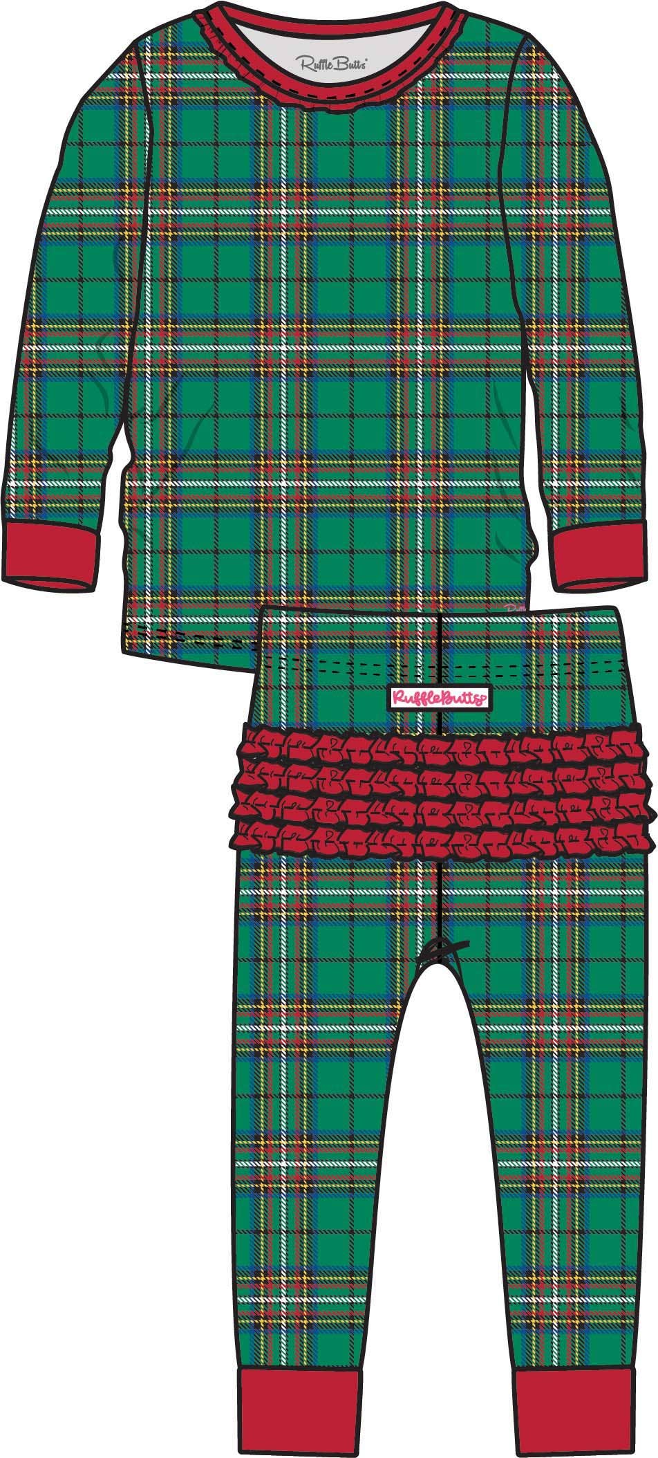 Toddler Girls Green Nicholas Plaid Modal Ruffle Long Sleeve Pajama Set