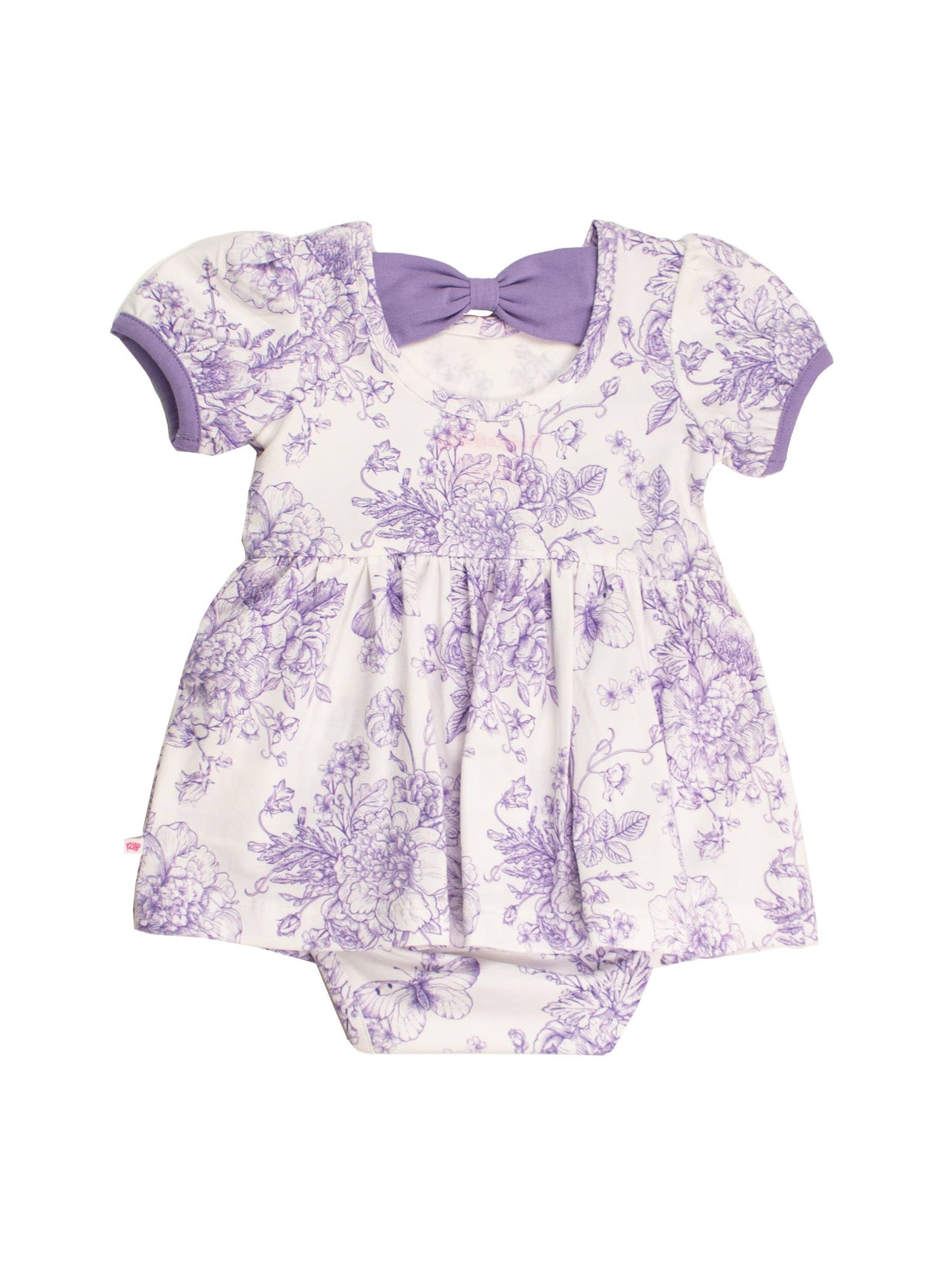 Baby Girls Wisteria Purple Butterfly Garden Toile Short Sleeve Bow Twirl Romper