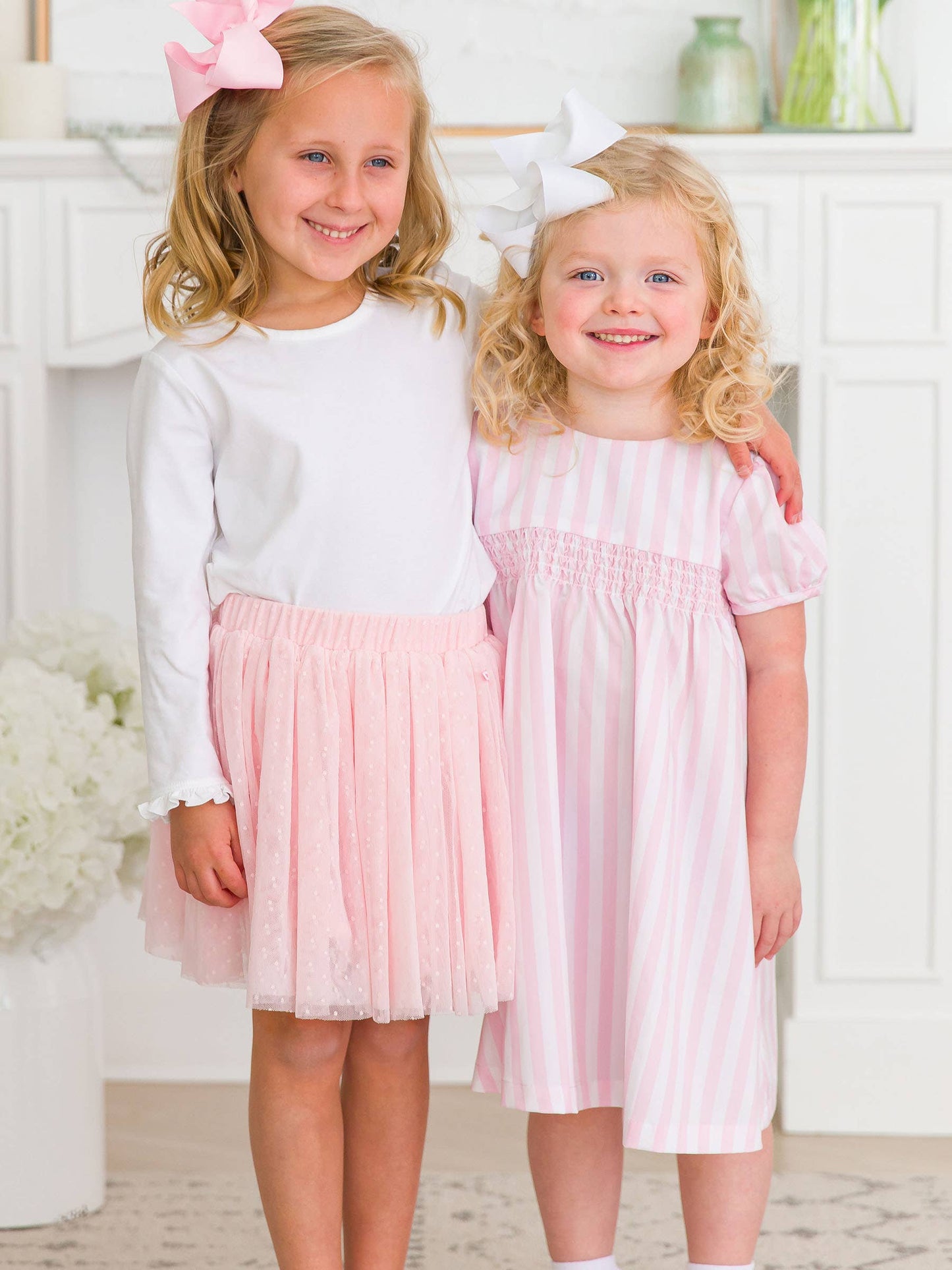 Girls Baby Pink Stripe Stripe Puff Sleeve Smocked Dress