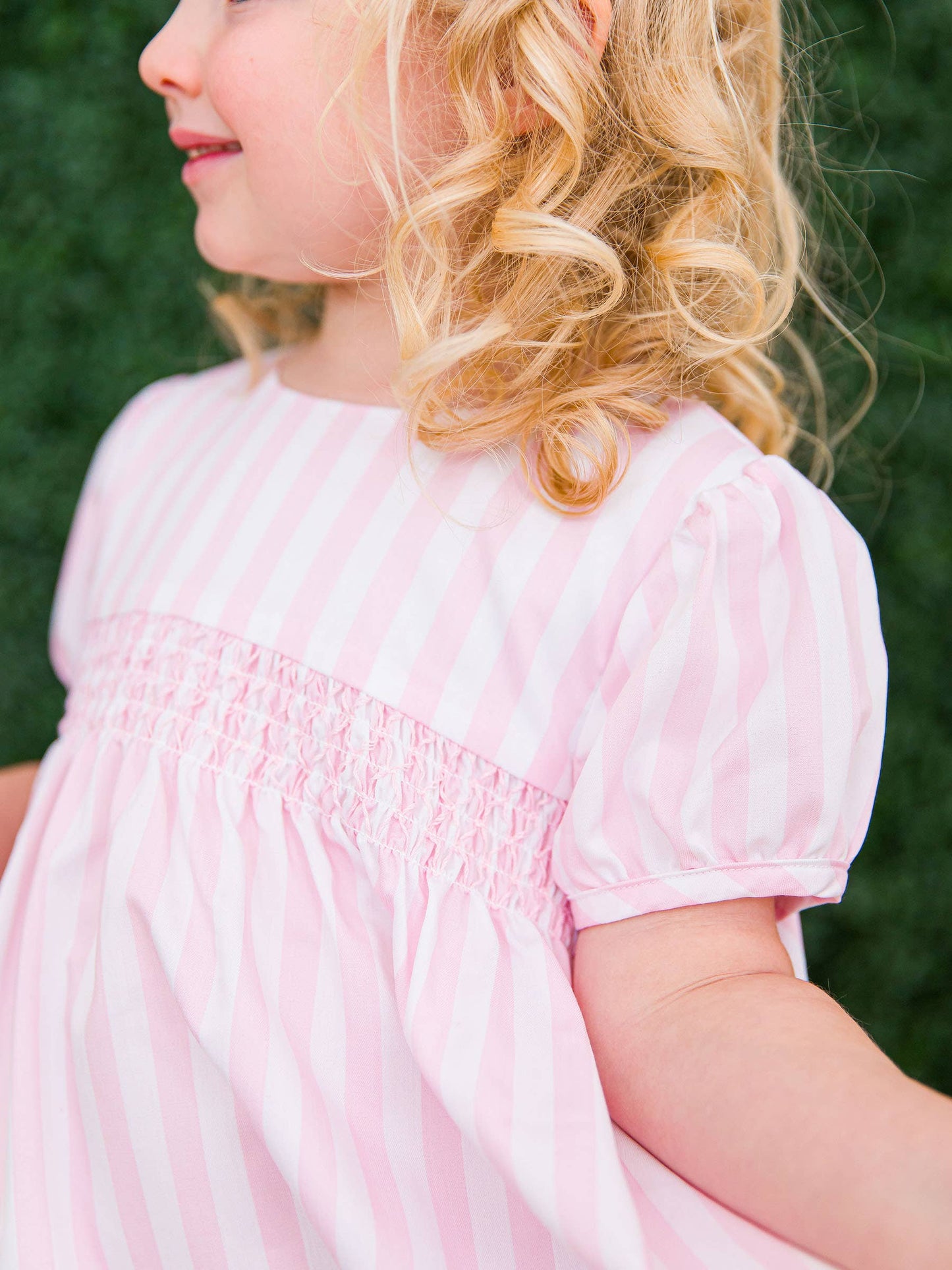 Girls Baby Pink Stripe Stripe Puff Sleeve Smocked Dress