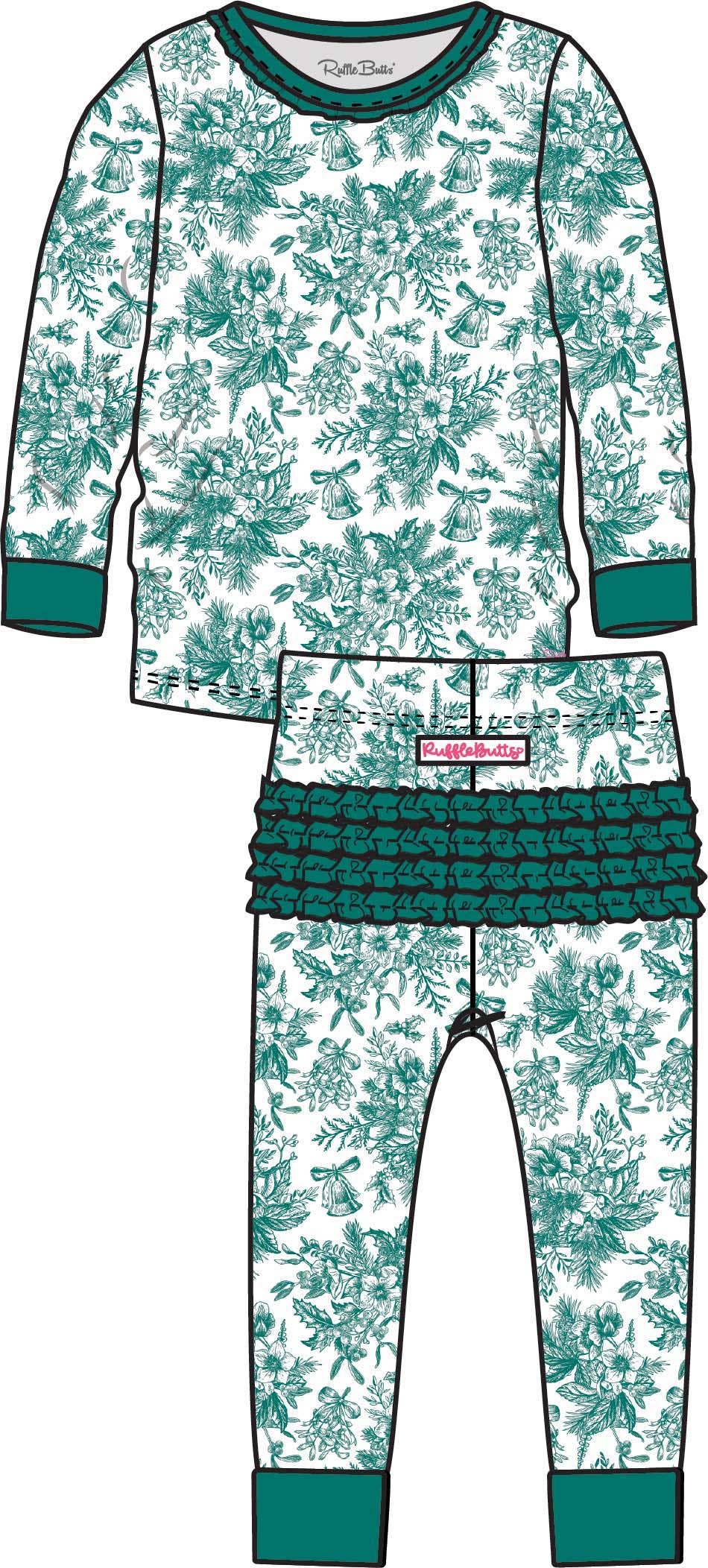Toddler Girls Green Jingle Toile the Way Bamboo Viscose Ruffle Long Sleeve Pajama Set