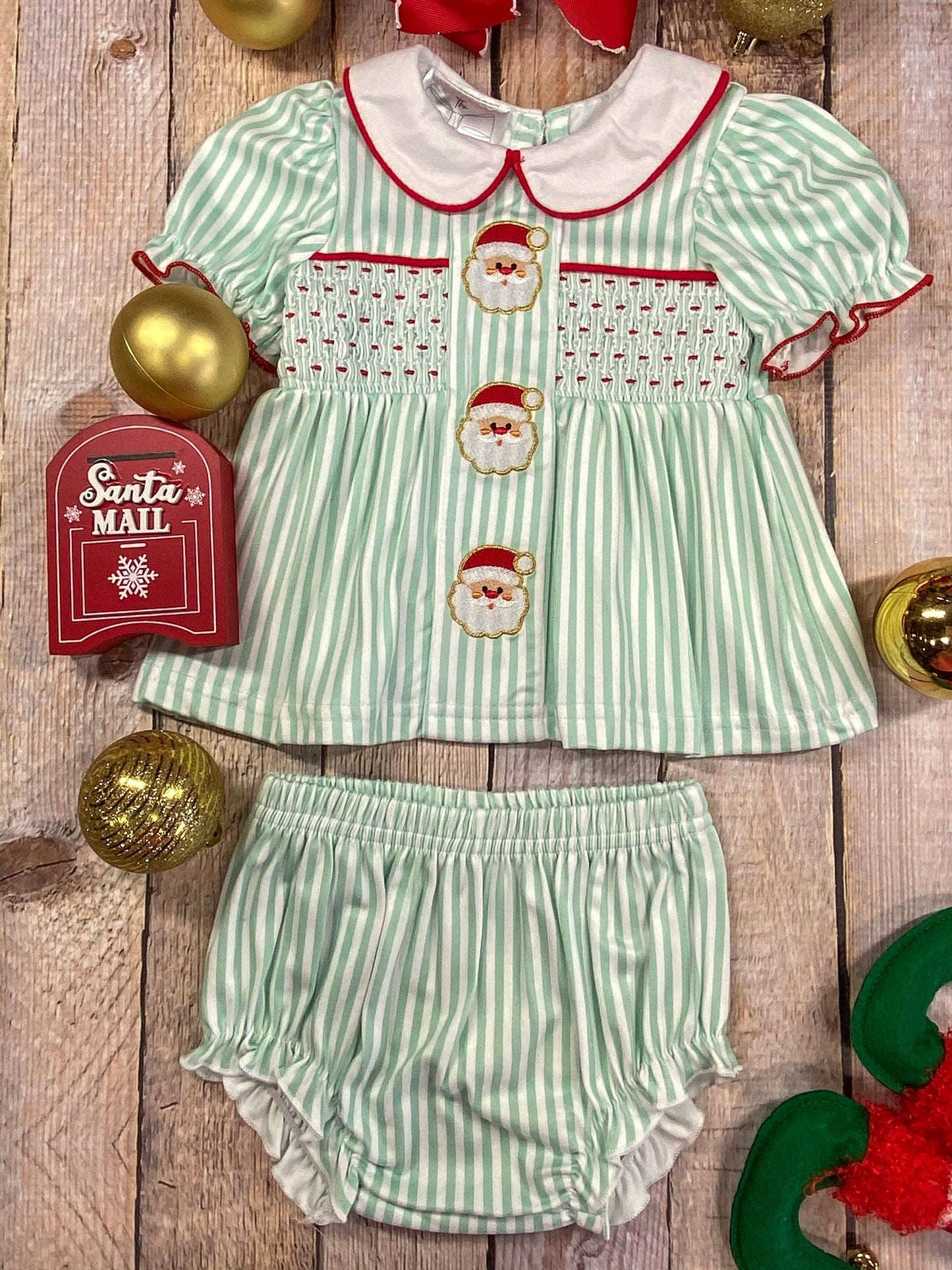 Mint Stripes & Embroidered Santas Smocked Infant Romper