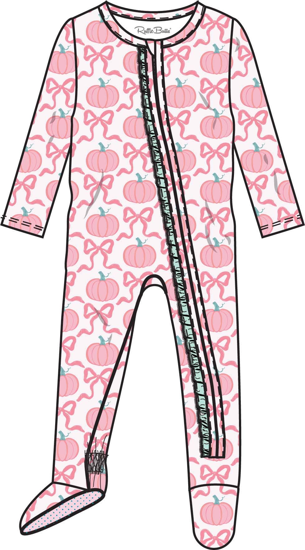 Baby Girls Pink Fairytale Pumpkins Bamboo Viscose Footed Ruffle One Piece Pajama