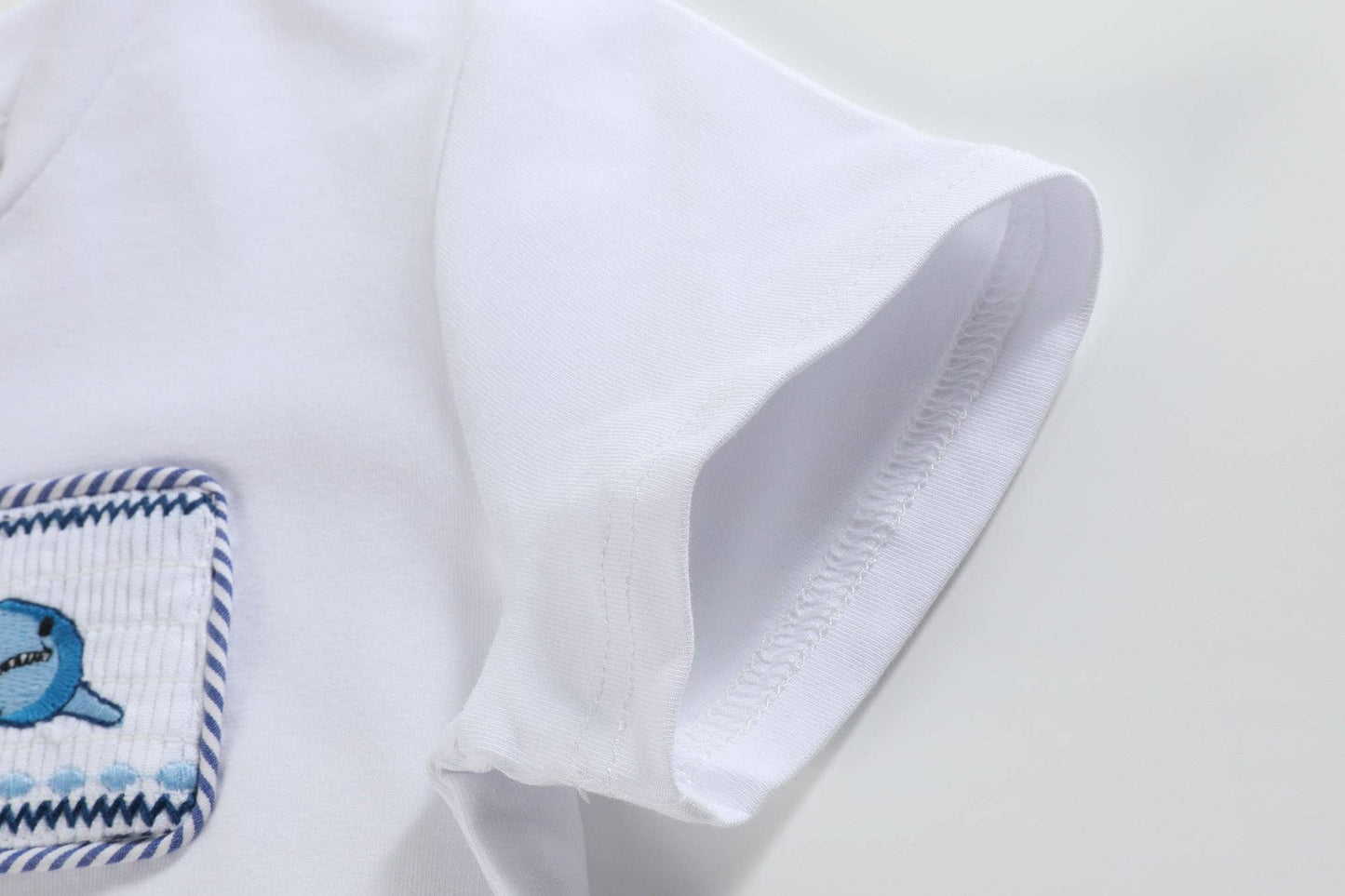 White Shark Smocked Tee and Navy Stripe Shorts Set