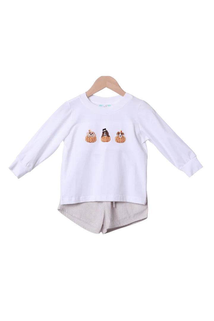 French Knot Pilgrim Puppy Khaki Gingham Short Set