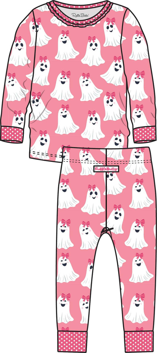 Girls Pink Ghostie Girls Bamboo Viscose Ruffle Long Sleeve Pajama Set