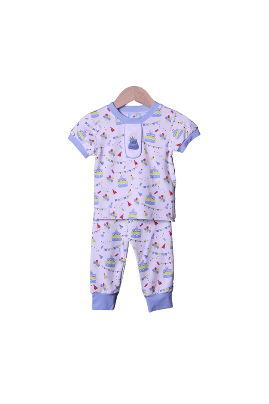 Birthday French Knot Blue Short Sleeve Pajamas