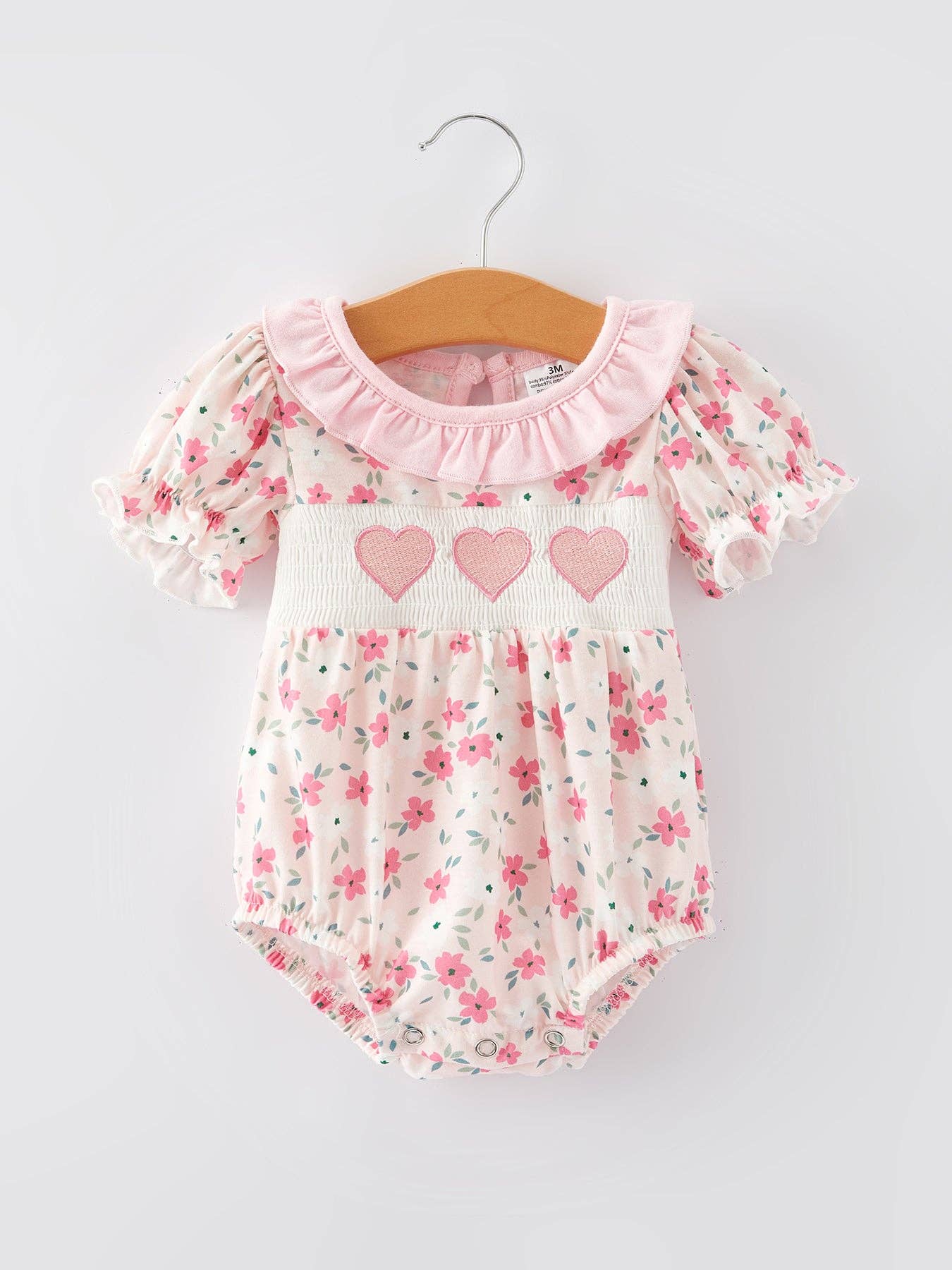 Valentine's Day Heart Smocking Embroidery Short Sleeve Girls Romper