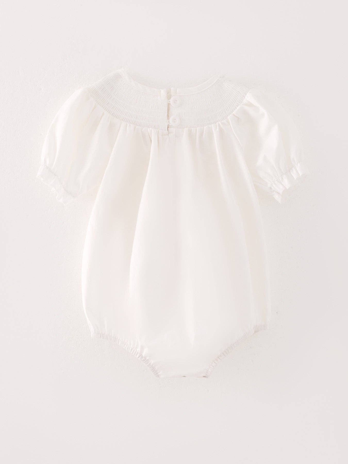 White Smocking Embroidered Crucifix Girls Romper