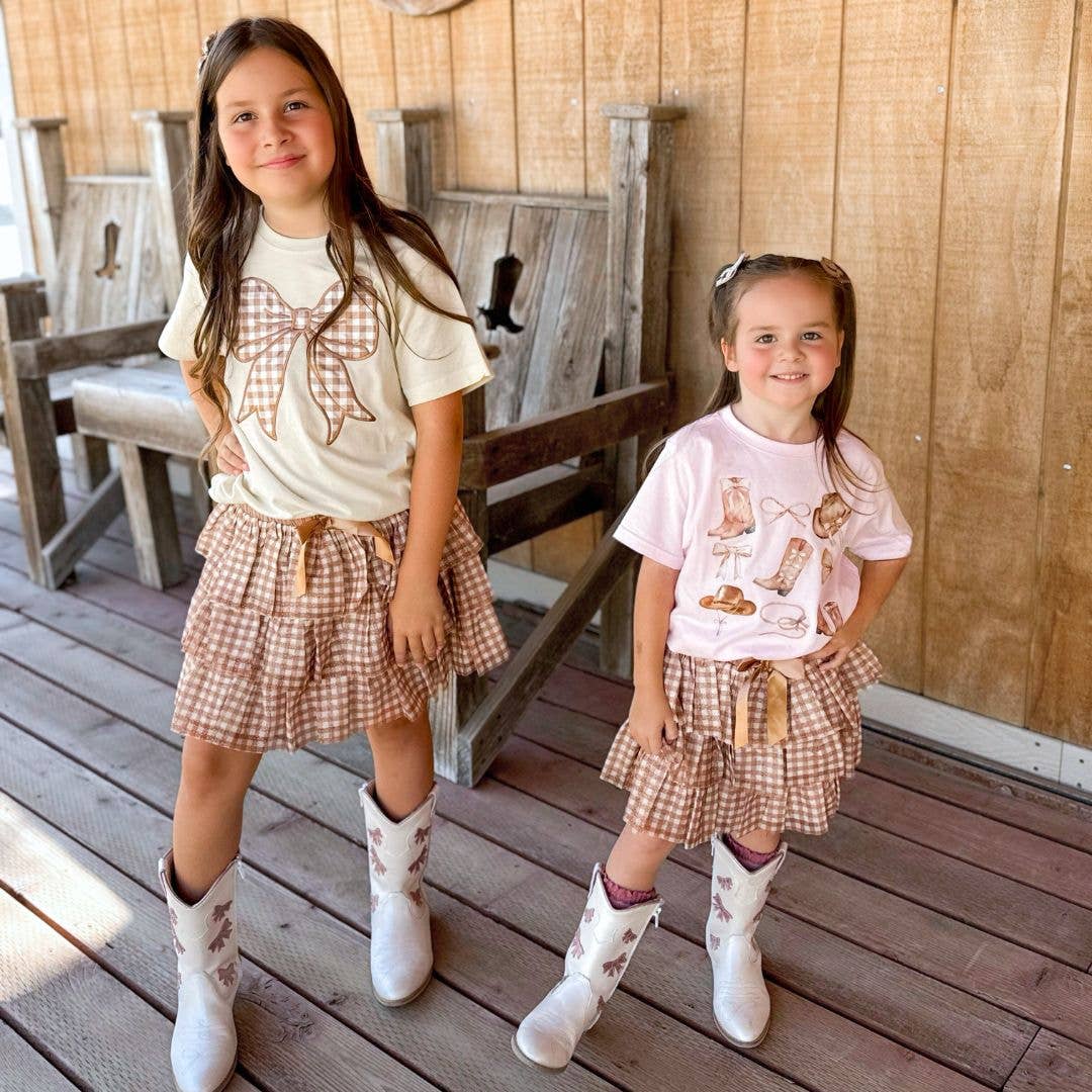 Gingham Bow Patch Short Sleeve T-Shirt - Girls Clothes