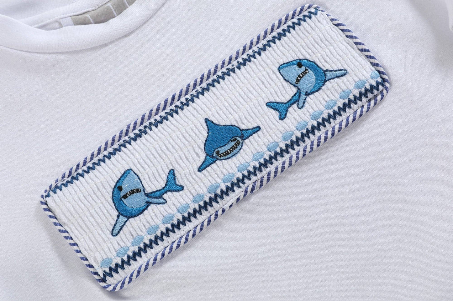 White Shark Smocked Tee and Navy Stripe Shorts Set