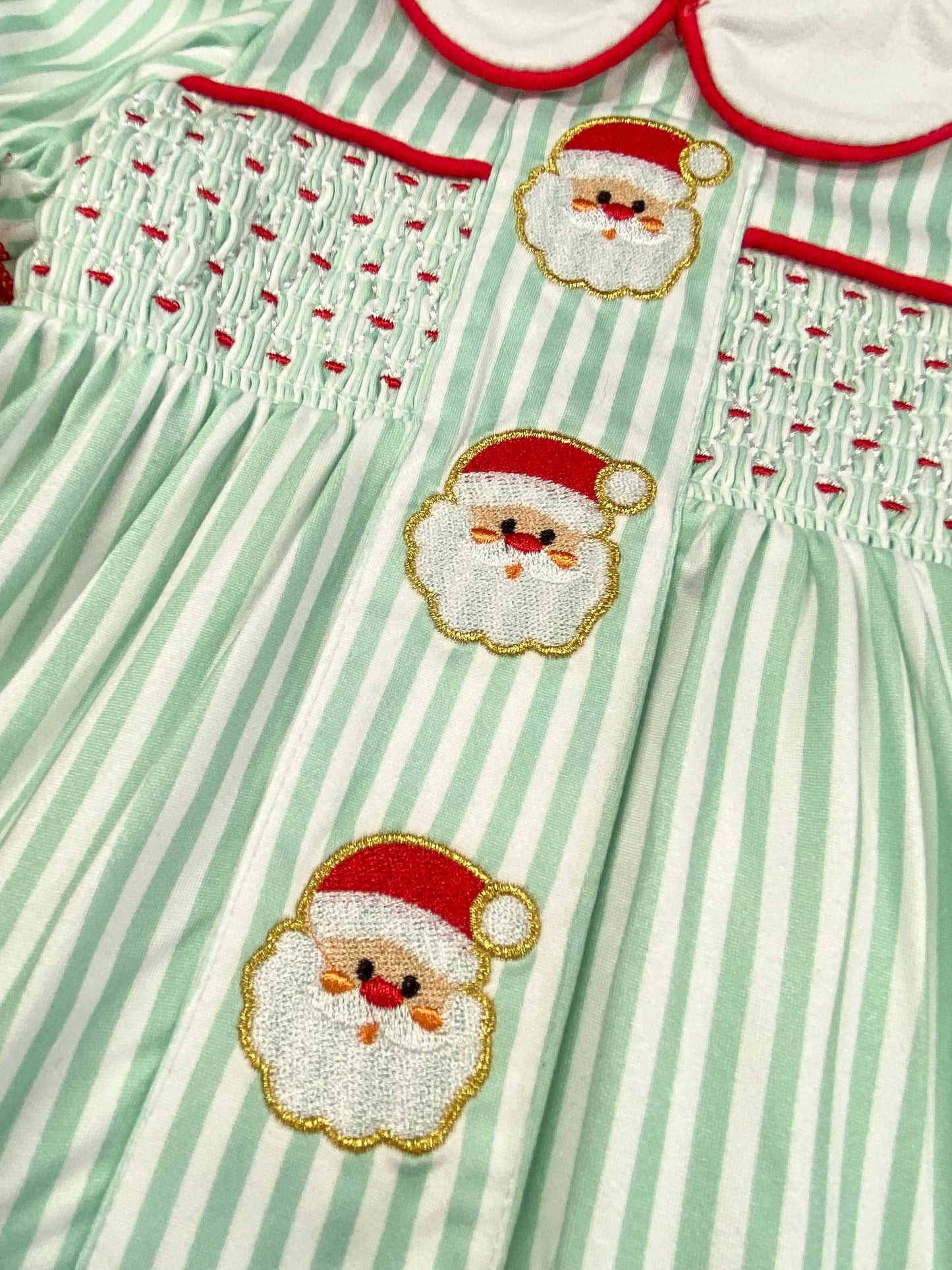 Mint Stripes & Embroidered Santas Smocked Infant Romper