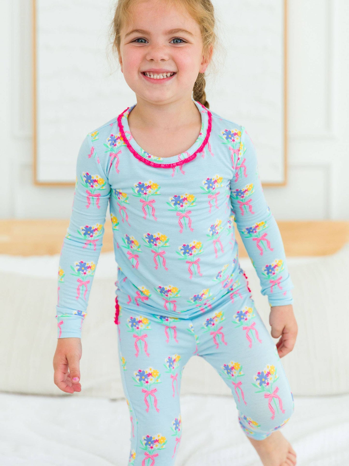 Toddler Girls Bows and Bouquets Bamboo Viscose Ruffle Long Sleeve Pajama Set