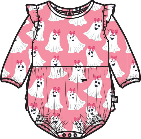 Baby Girls Pink Ghostie Girls Knit Long Sleeve Flutter Bubble Romper