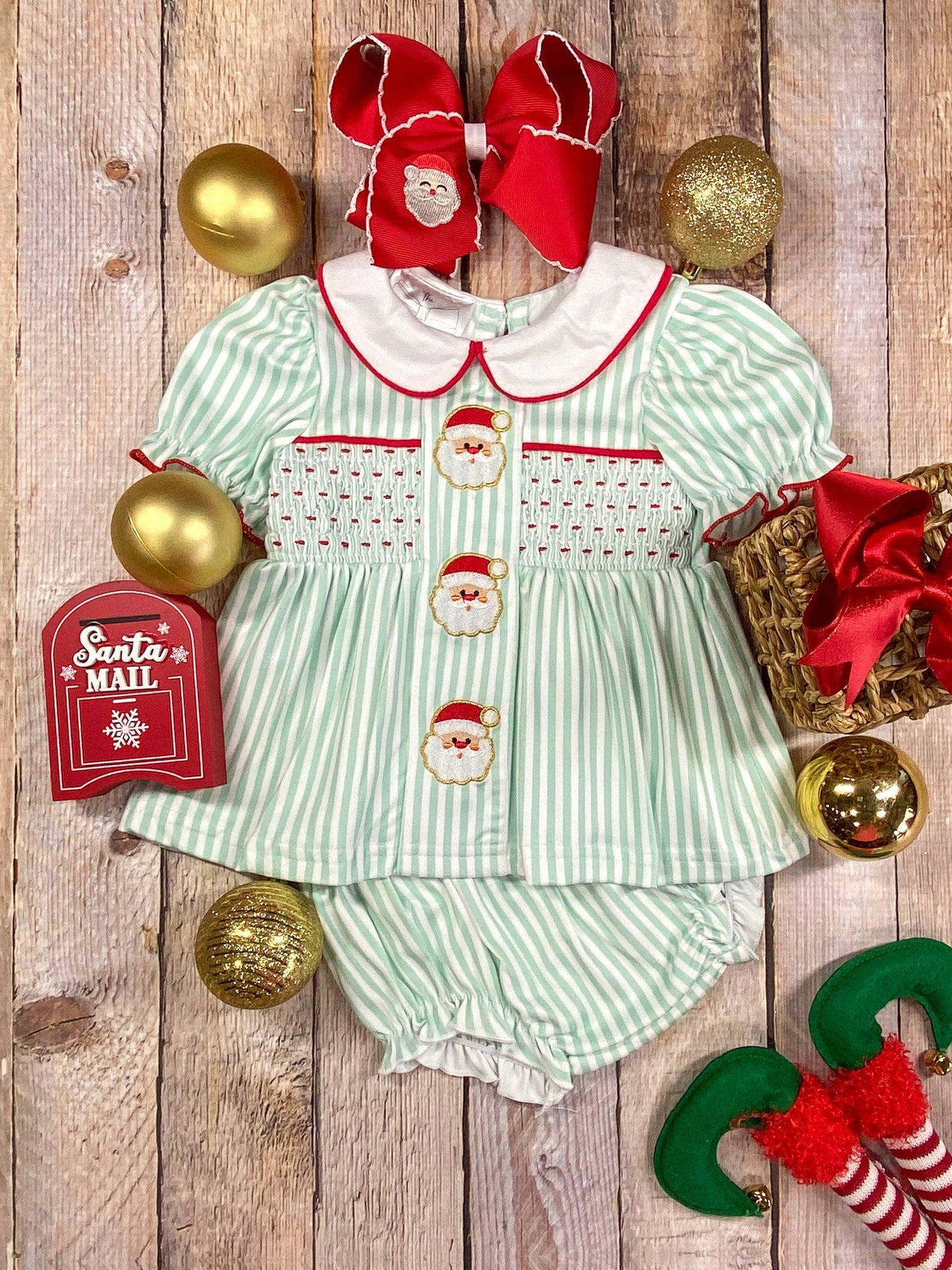 Mint Stripes & Embroidered Santas Smocked Infant Romper