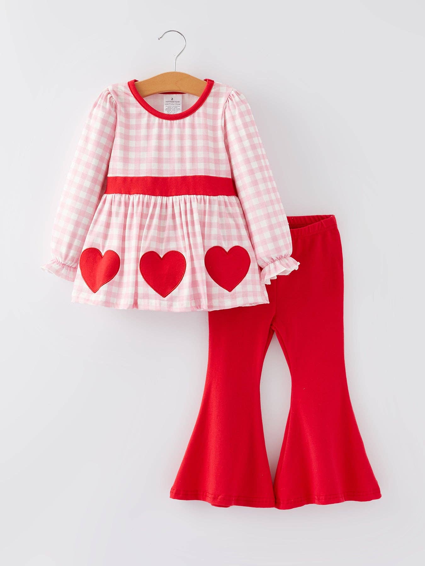 Girls Valentine's Day Heart Applique Plaid Outfits Set