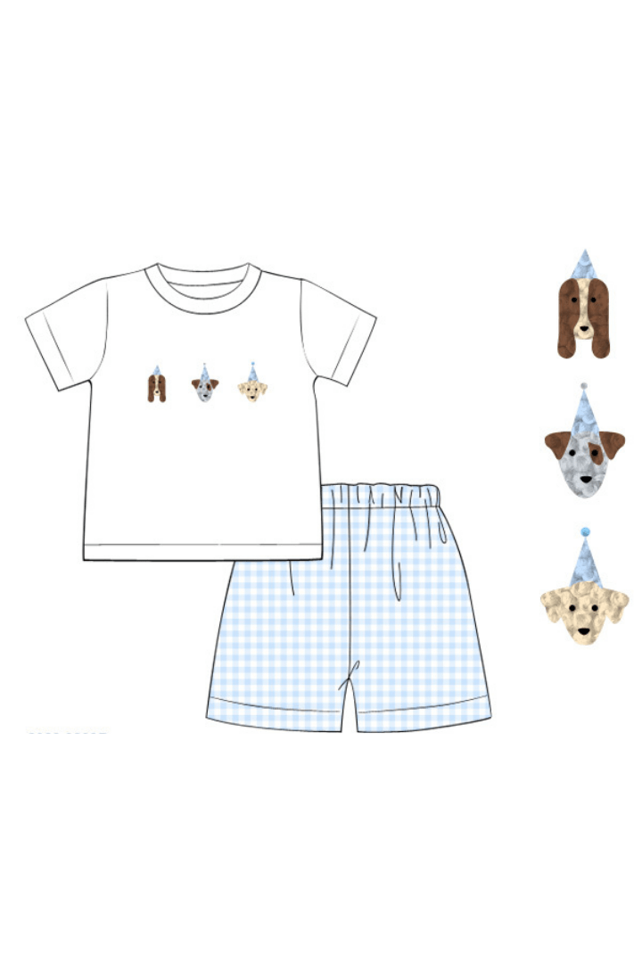 Birthday/Party French Knot Pups Blue Gingham Short Set