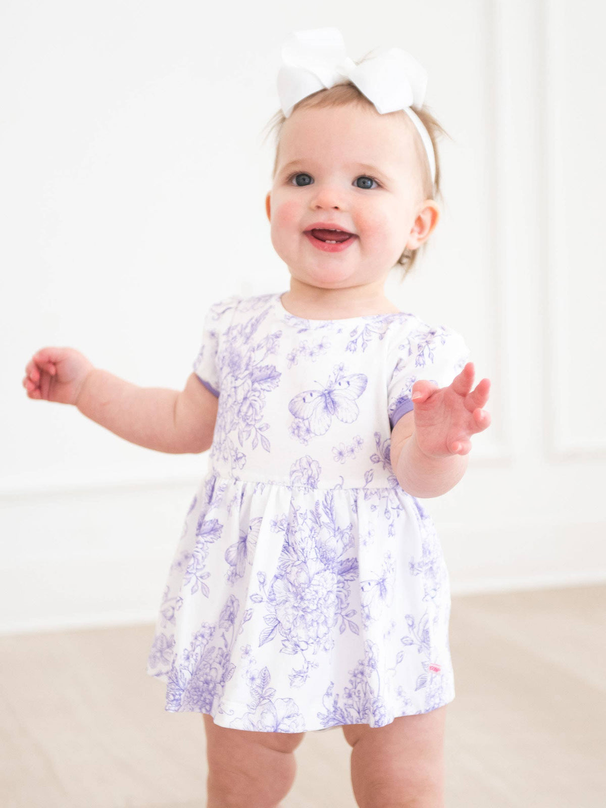 Baby Girls Wisteria Purple Butterfly Garden Toile Short Sleeve Bow Twirl Romper