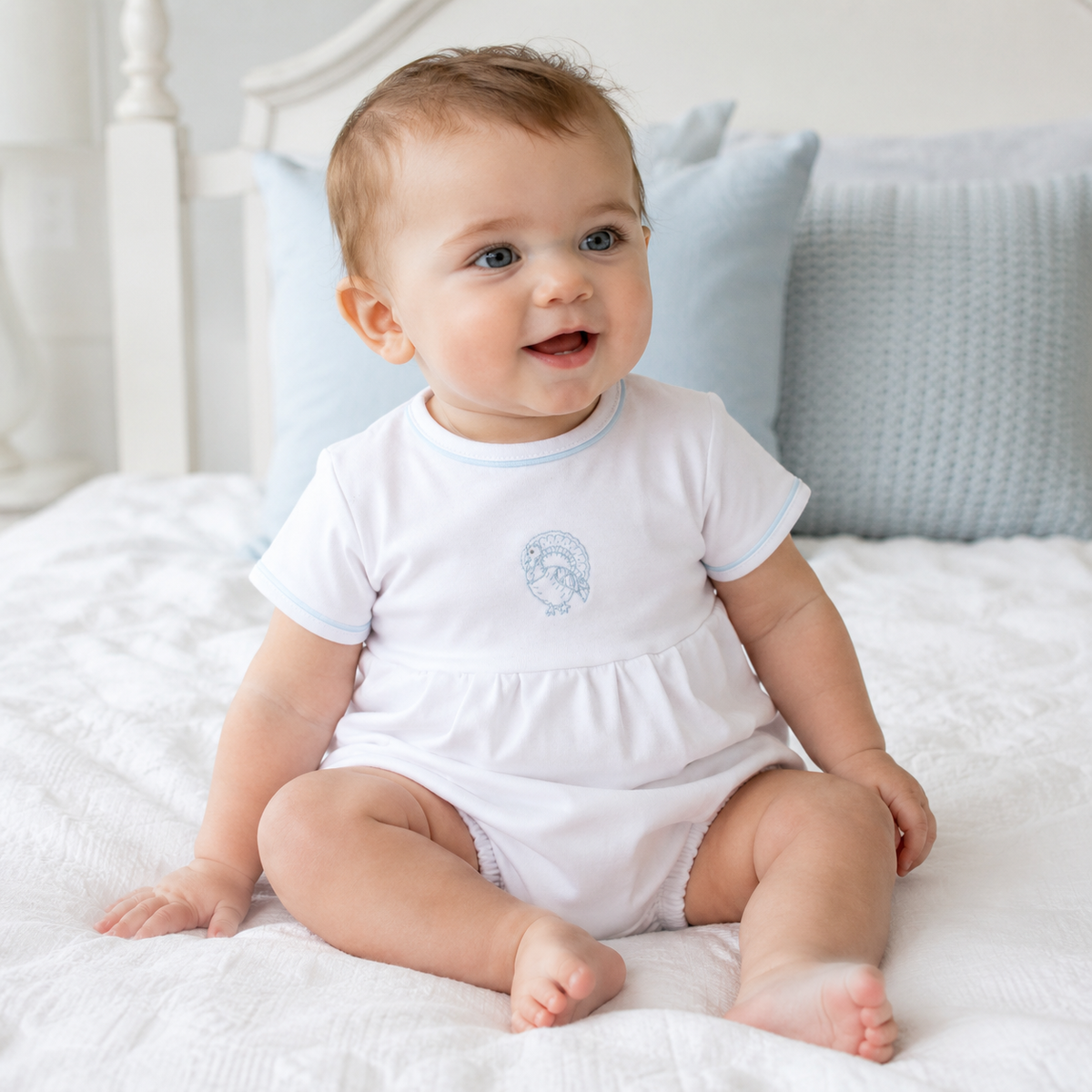 Harvest Blessings Hand-Embroidered Short Sleeve Boy Bubble - Light Blue