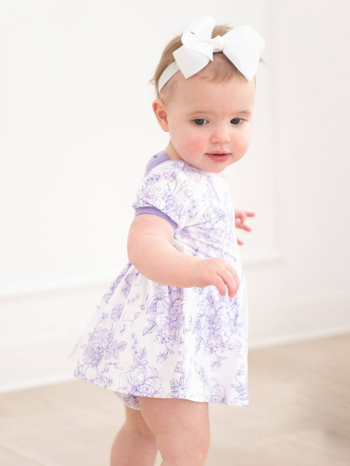 Baby Girls Wisteria Purple Butterfly Garden Toile Short Sleeve Bow Twirl Romper