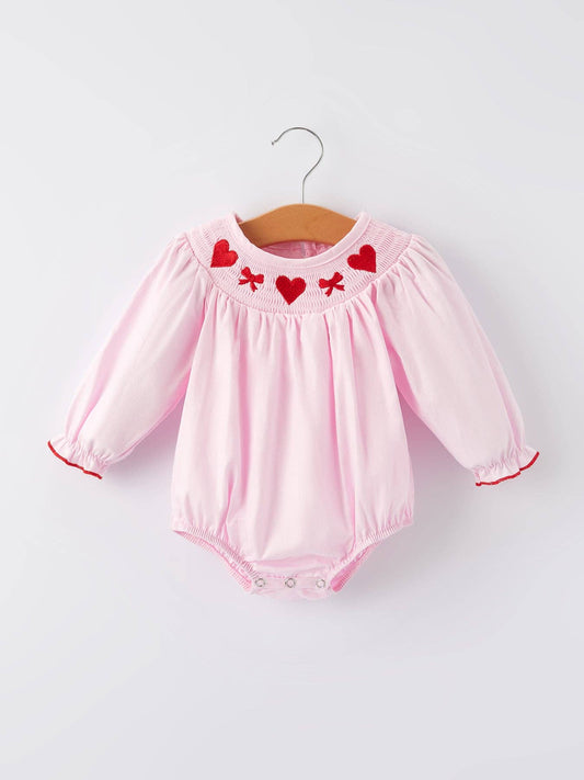 Pink Smocking Embroidery Long Sleeve Girls Romper