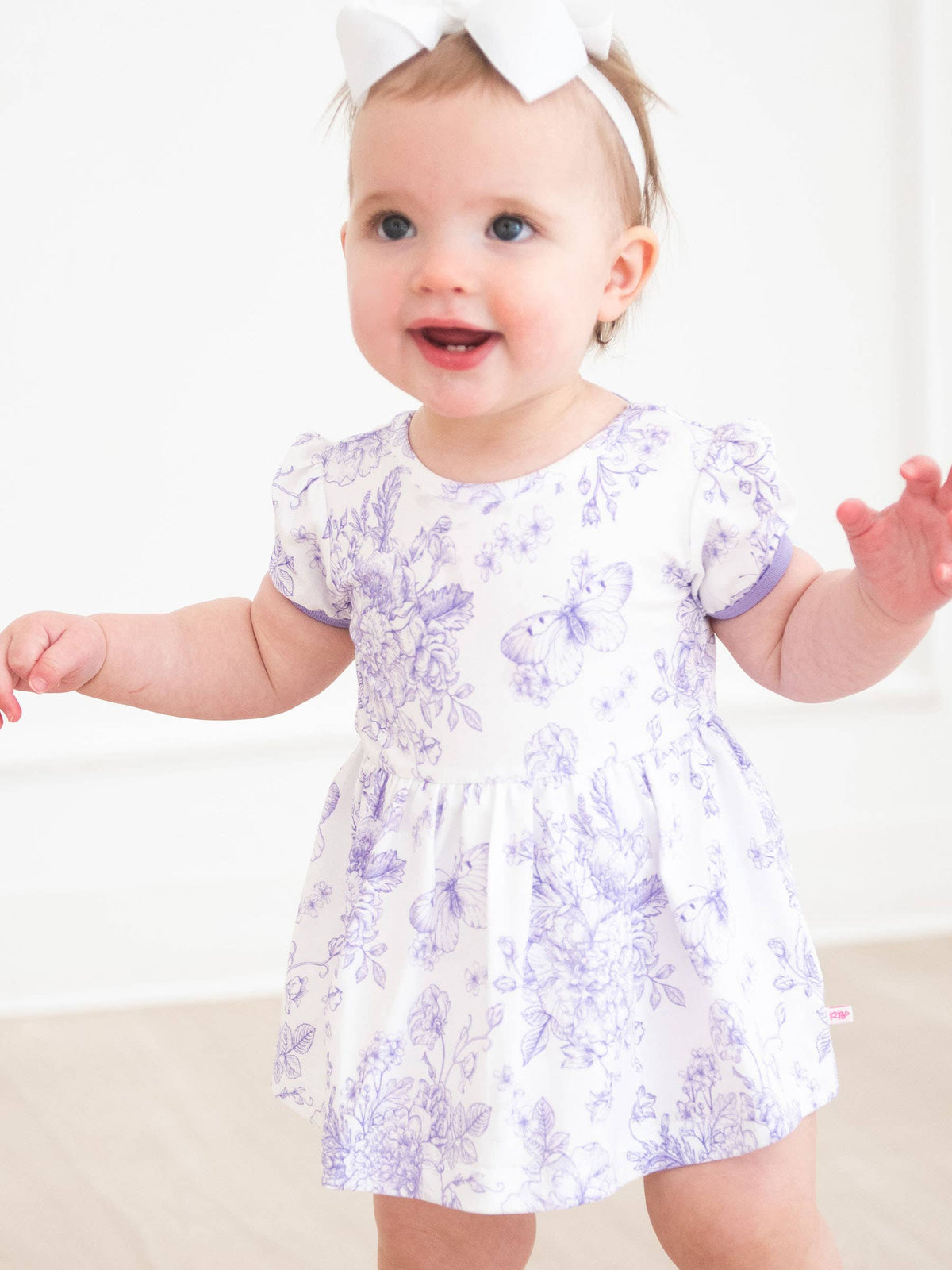 Baby Girls Wisteria Purple Butterfly Garden Toile Short Sleeve Bow Twirl Romper