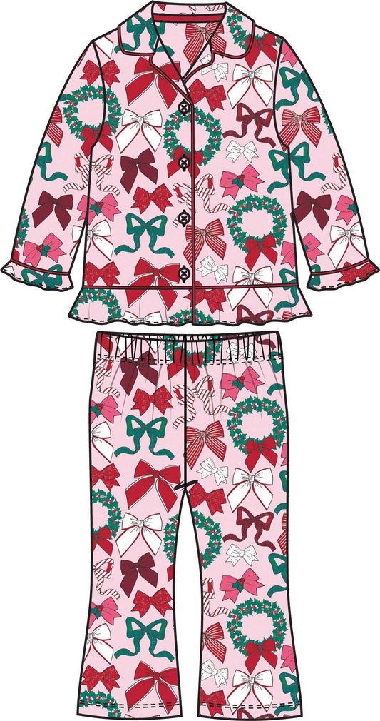 Girls Holly Bows Ruffle Flare Pajama Set
