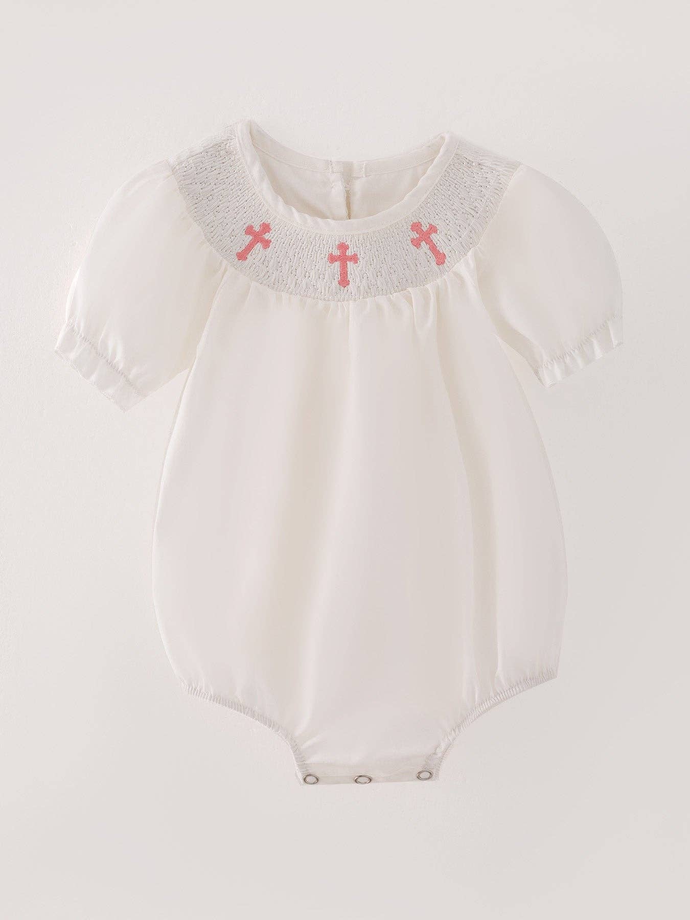 White Smocking Embroidered Crucifix Girls Romper