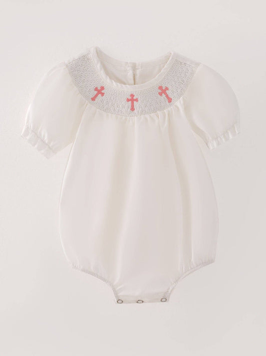 White Smocking Embroidered Crucifix Girls Romper