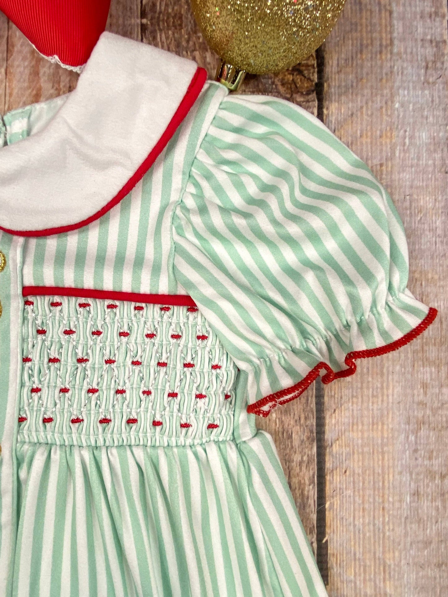 Mint Stripes & Embroidered Santas Smocked Infant Romper