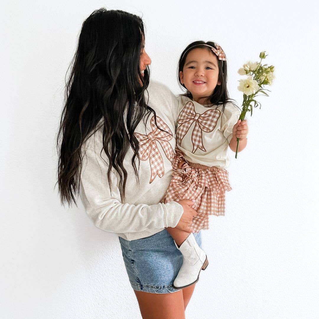 Gingham Bow Patch Short Sleeve T-Shirt - Girls Clothes