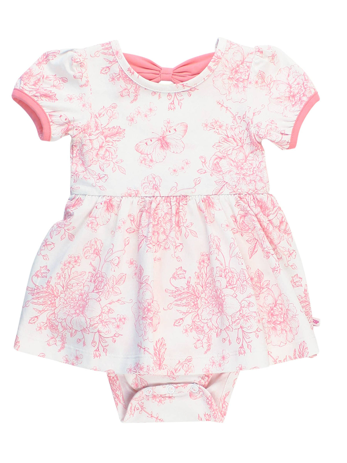 Baby Girls Bubblegum Pink Butterfly Garden Toile Short Sleeve Bow Twirl Romper