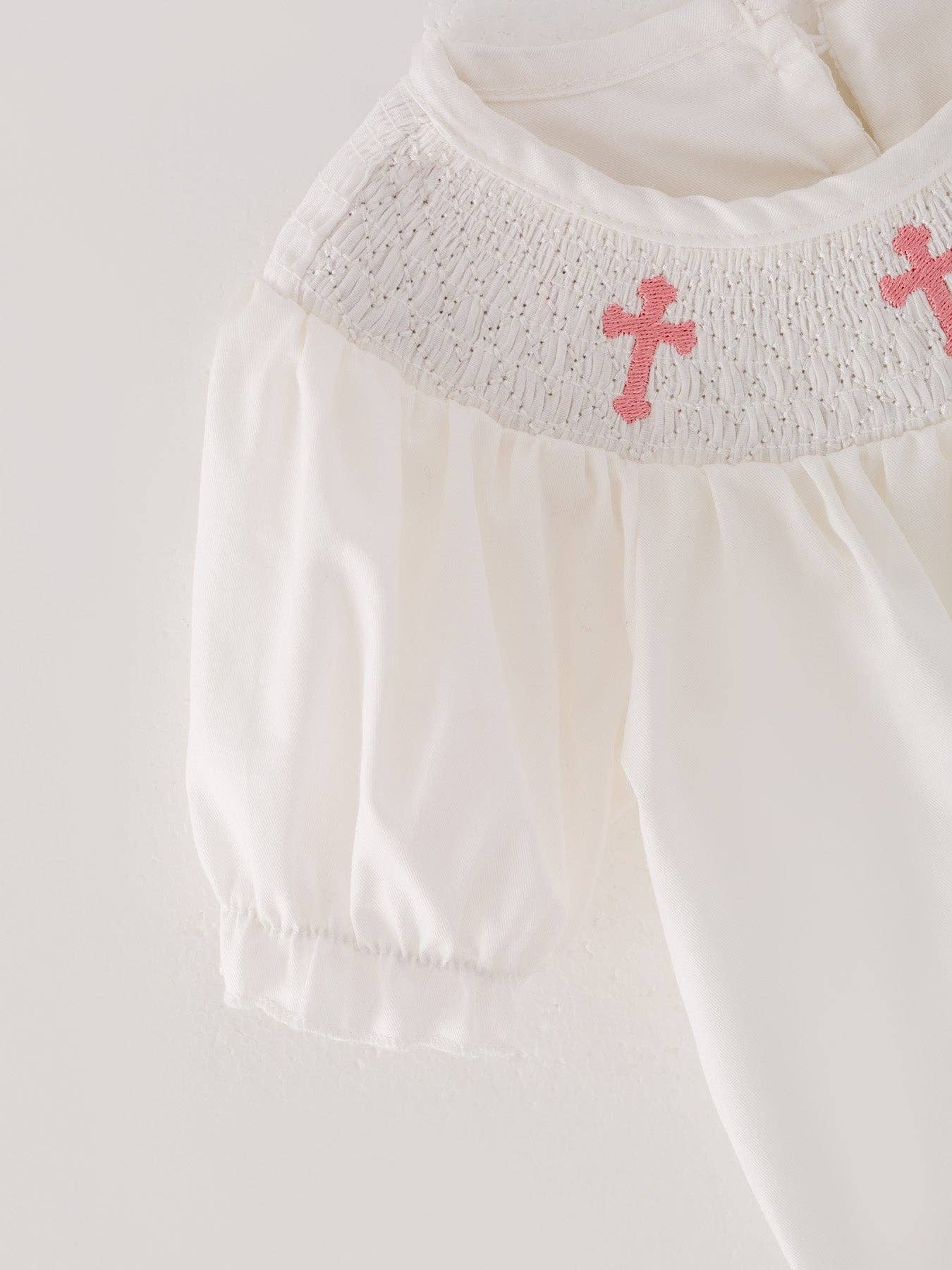 White Smocking Embroidered Crucifix Girls Romper