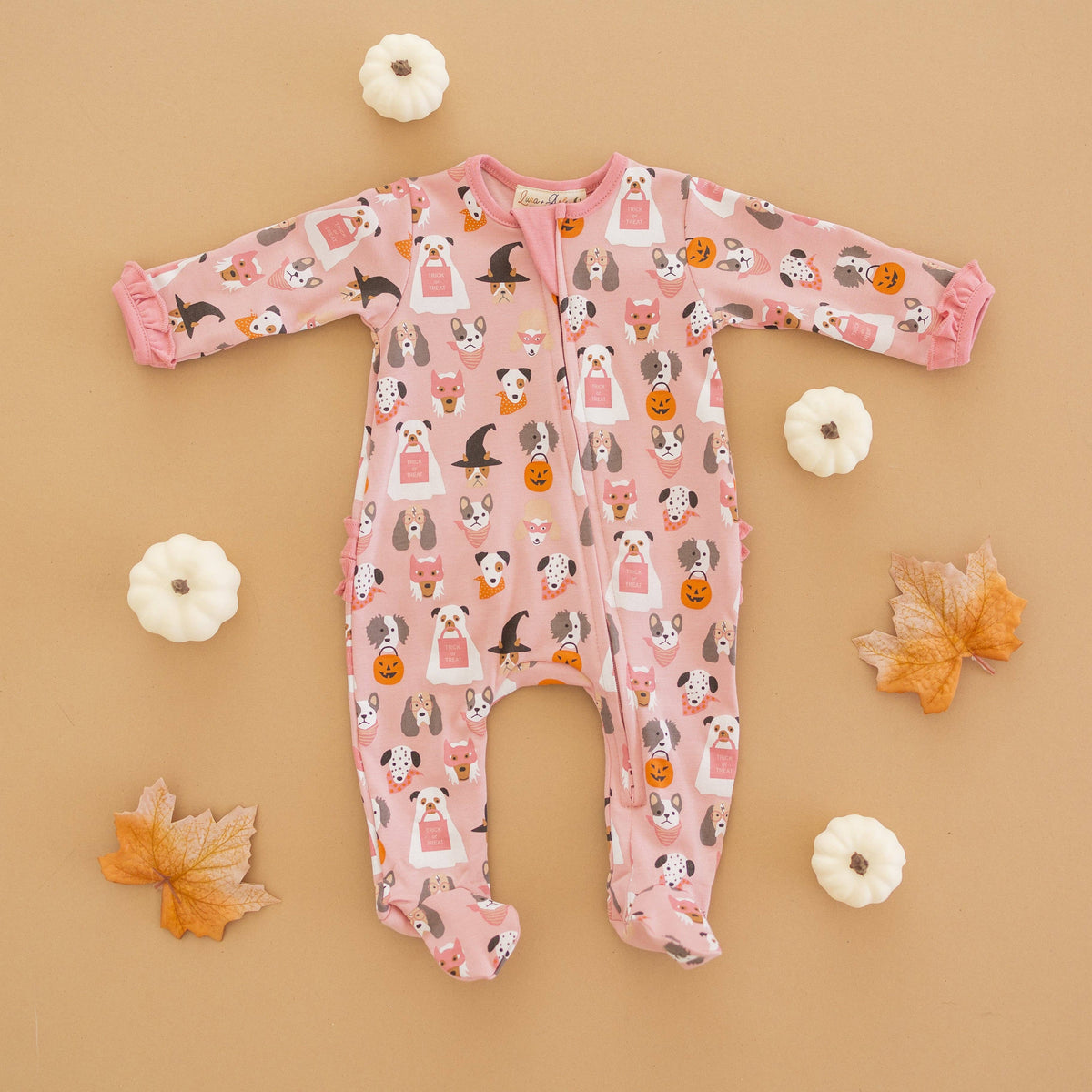 Halloween Hounds Ruffle Zip Footie - Dusty Rose
