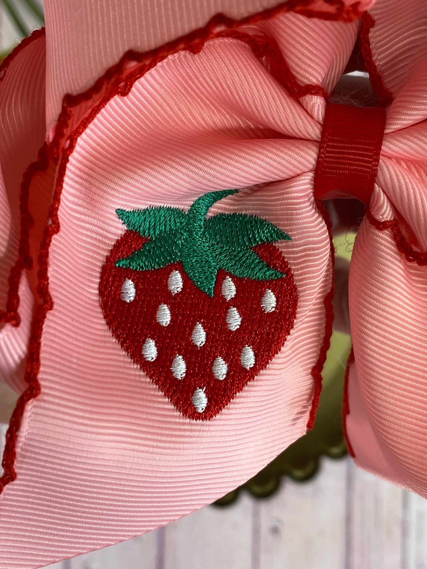Strawberry Embroidered Moonstitch Hair Bow