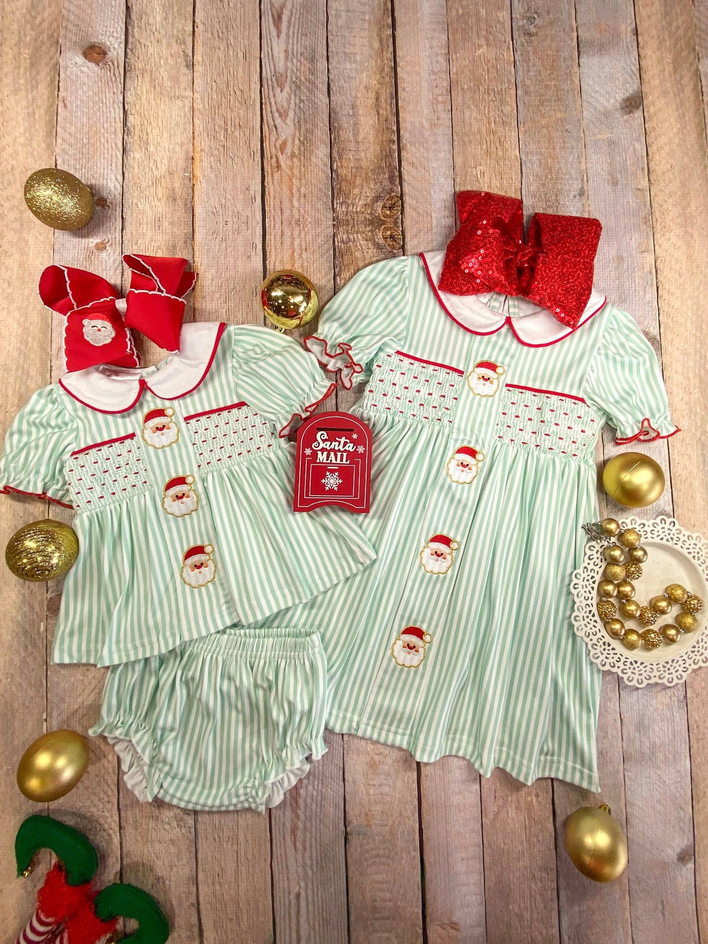 Mint Stripes & Embroidered Santas Smocked Infant Romper