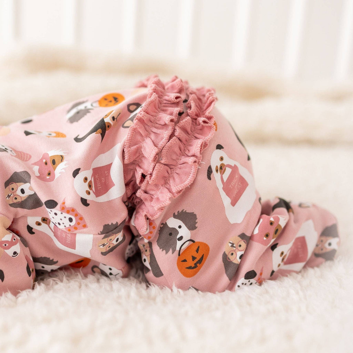 Halloween Hounds Ruffle Zip Footie - Dusty Rose