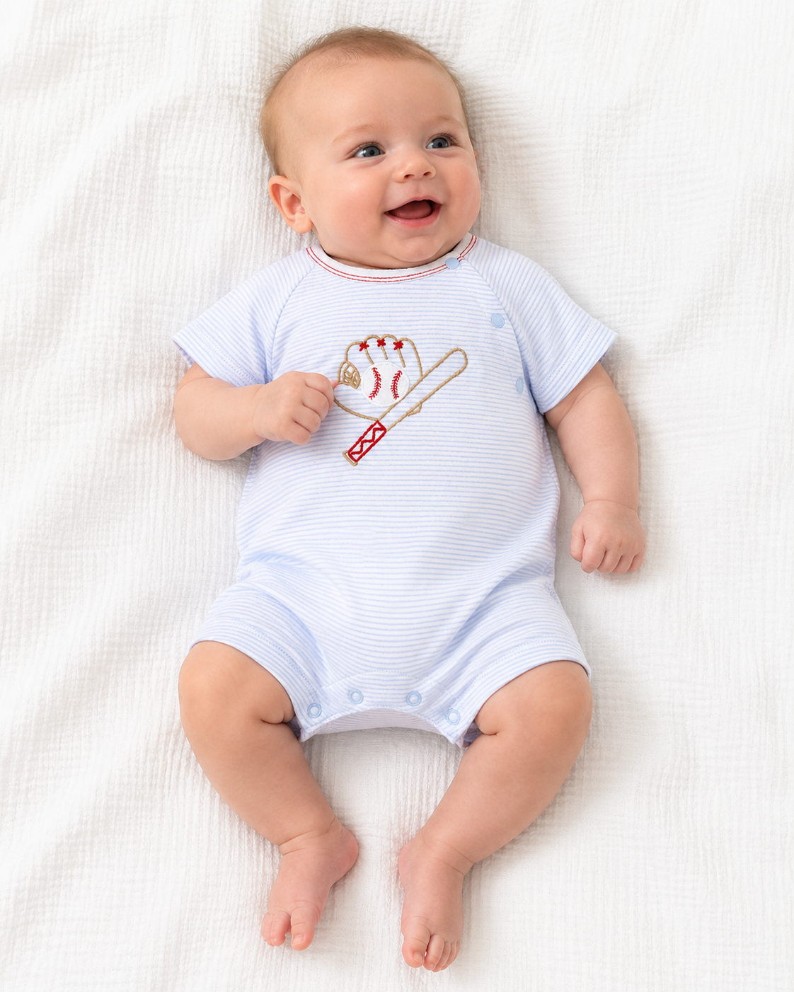 Baseball Embroidered Blue Stripe Knit Romper