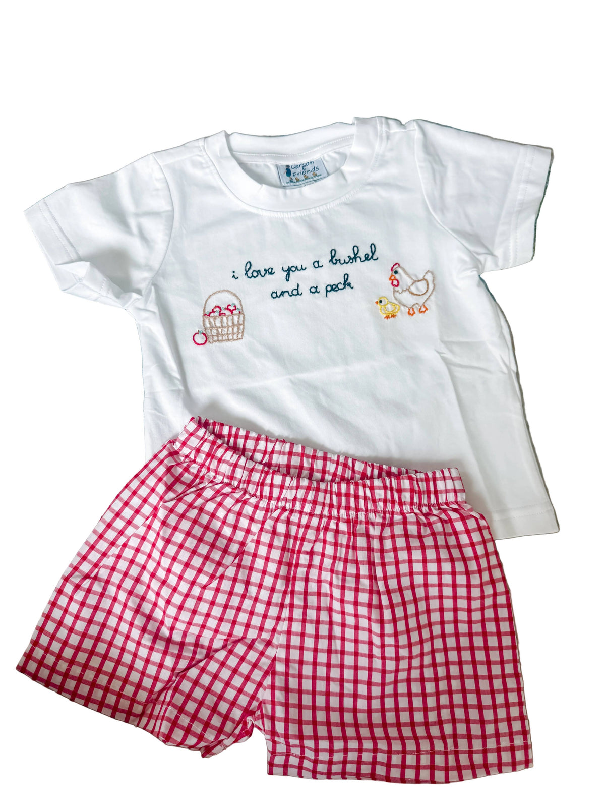 Carson and Friends Hand Embroidered Bushel and a Peck Short Set