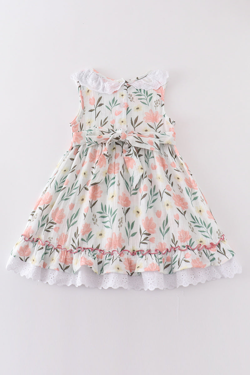 Premium Pink muslin floral ruffle dress