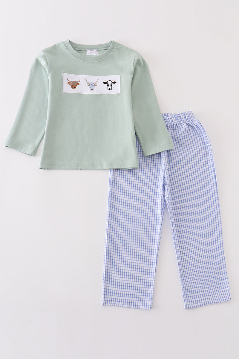 Premium Green cow applique boy set