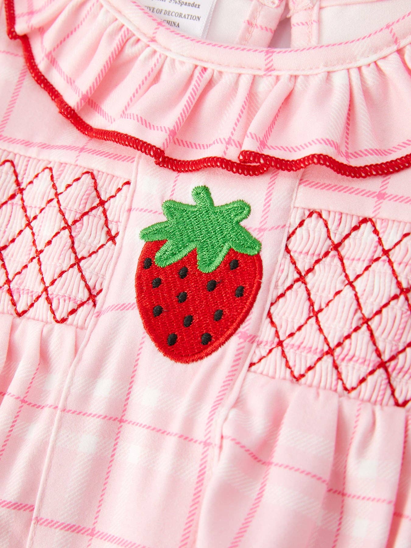 Strawberry Applique Flying Sleeves Plaid Girls' Romper