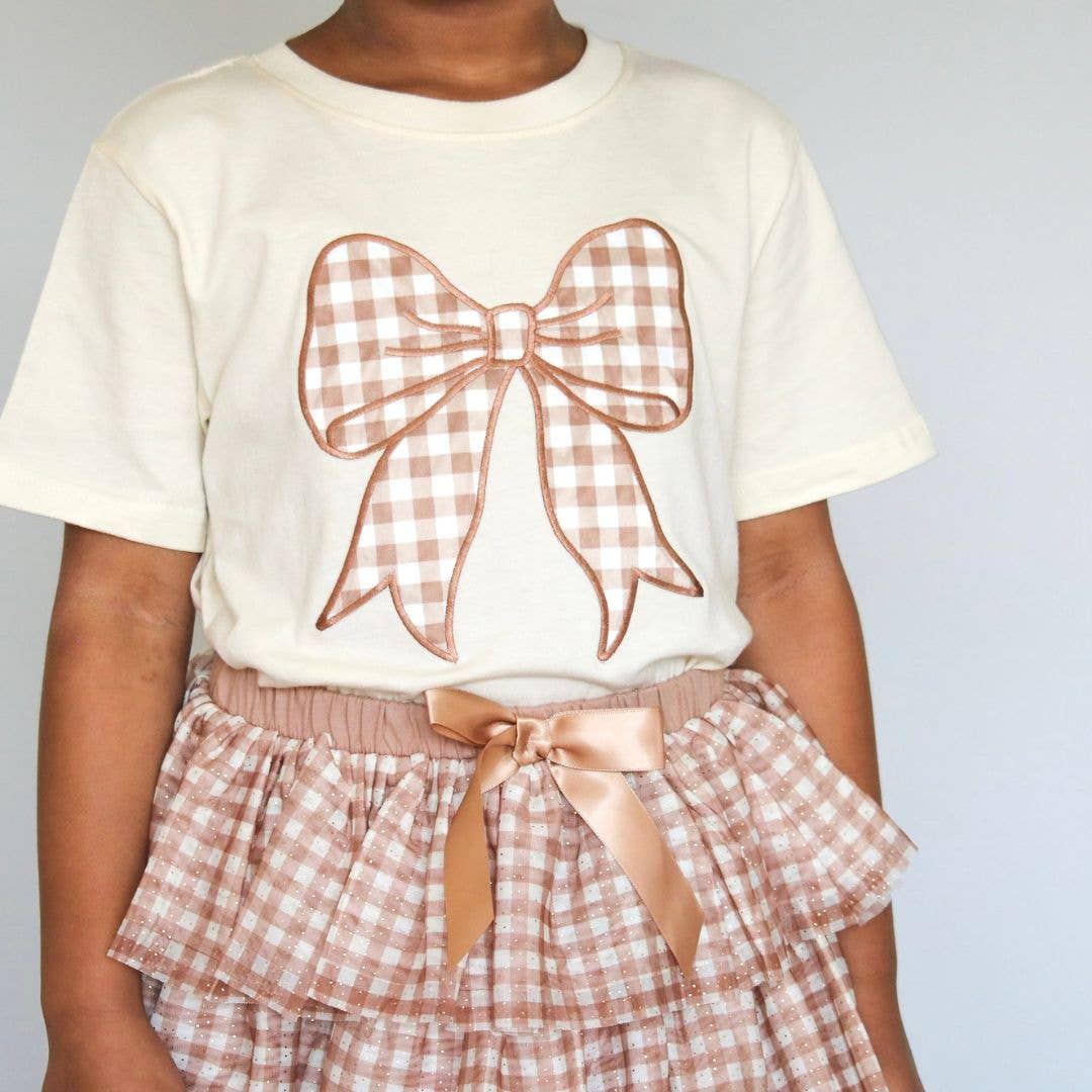 Gingham Bow Patch Short Sleeve T-Shirt - Girls Clothes