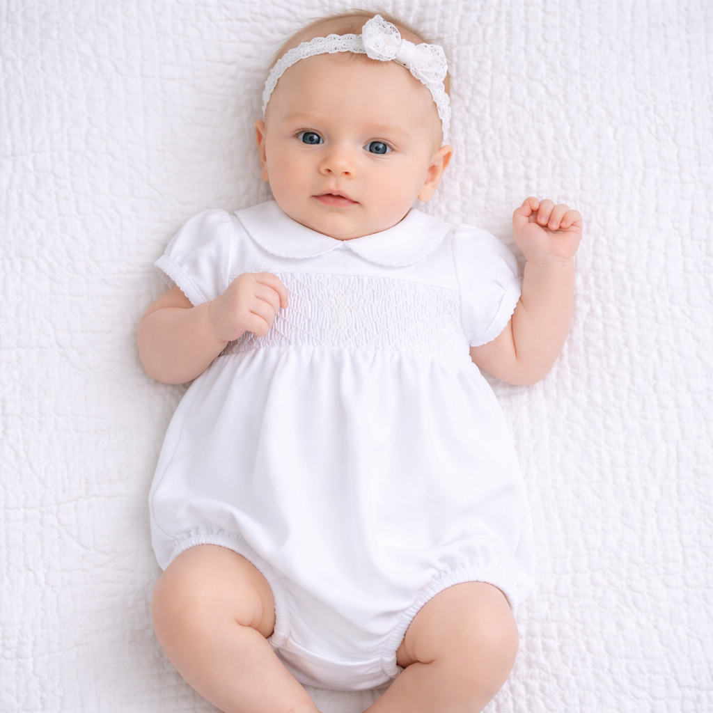 Blessed Smocked Collared Girl Bubble - White