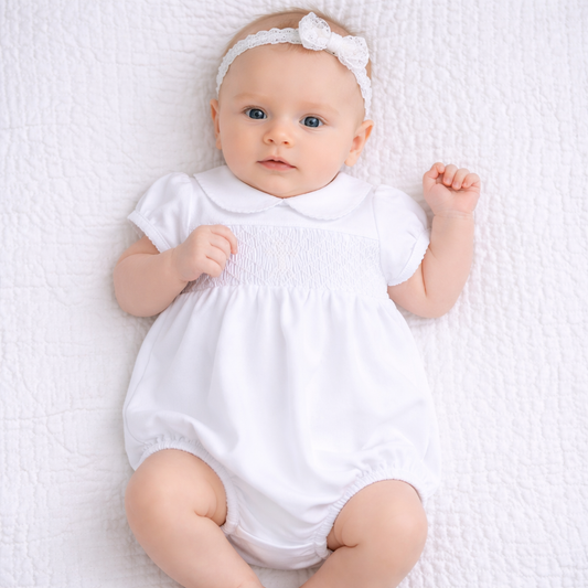 Blessed Smocked Collared Girl Bubble - White